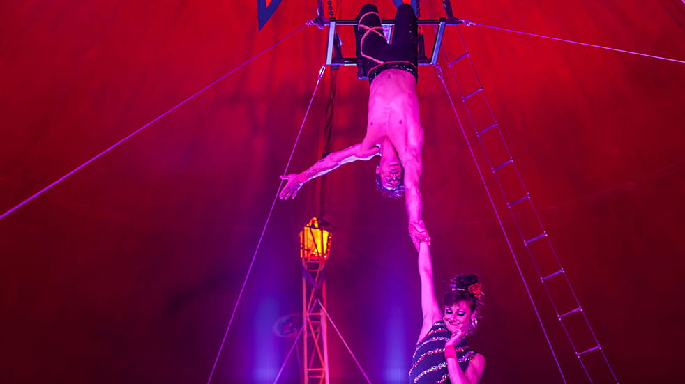 Argentine Trapeze artist Sebastian Gutierrez and his partner Fagnini at the hastings Festival Circus