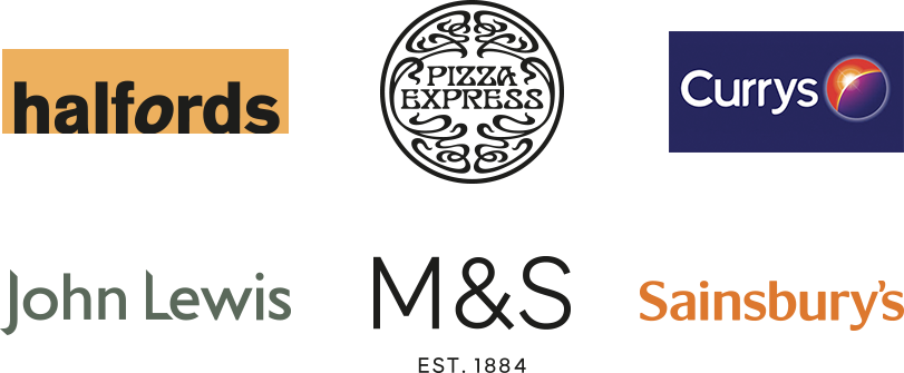 Halfords, Pizza Express, Currys, John Lewis, M&S, Sainsburys