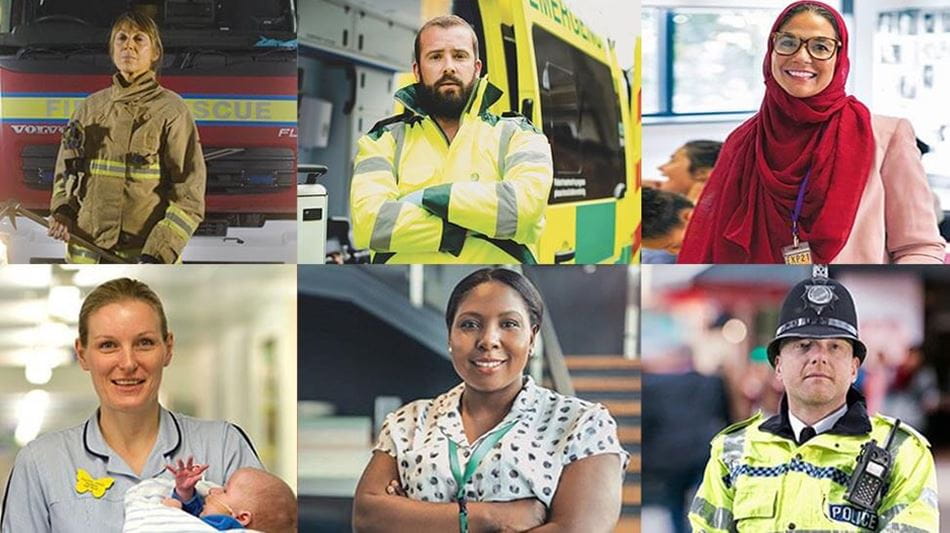 A collection of Frontline workers. Firefighter, Paramedic, Nurse, Teachers, Police officer