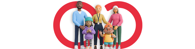 Diverse cartoon family of five smiling, standing together, with red infinity symbols in the background.